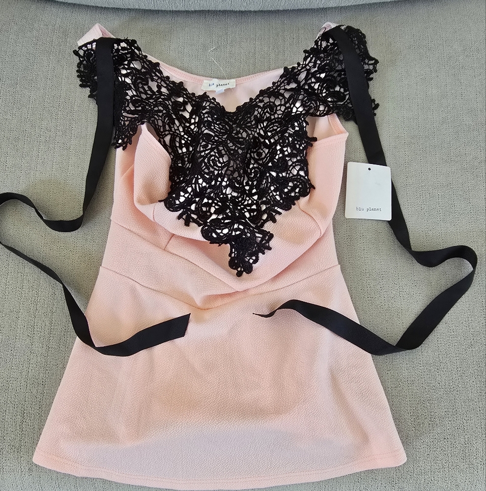 Pink Top with Black Lace Detail